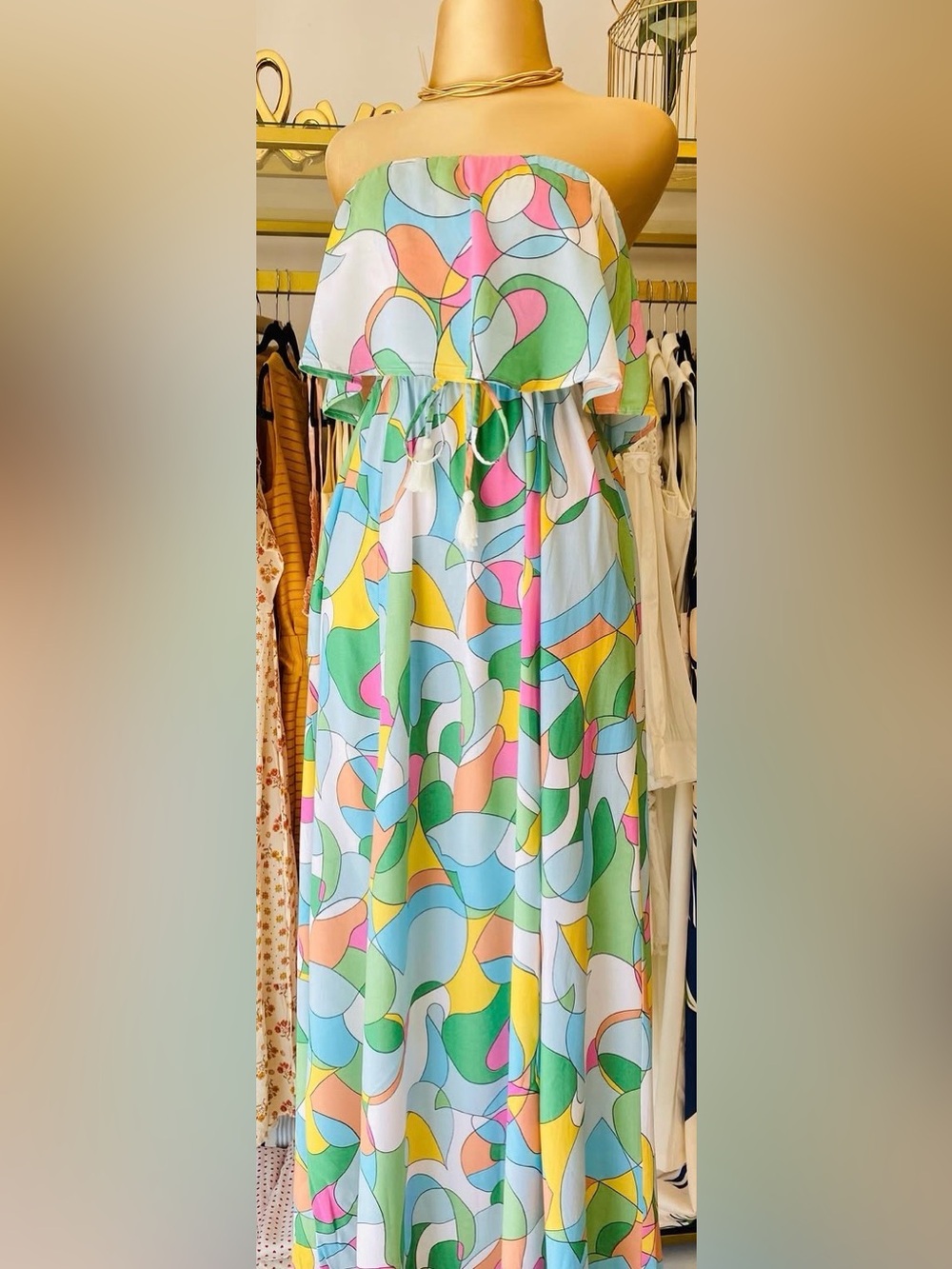 Multicolor swirl boho maxi strapless dress